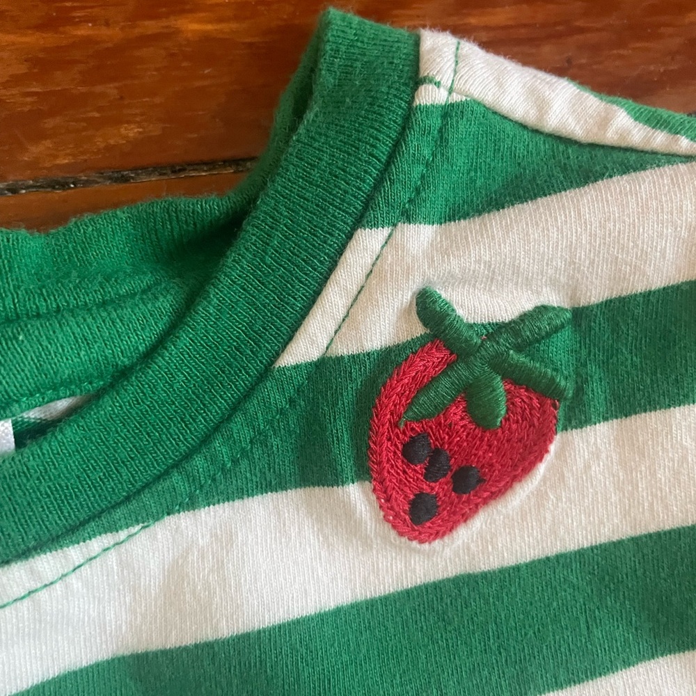 Hanna Andersson Emerald Green Striped Short Sleeve Tee with Strawberry Appliqué